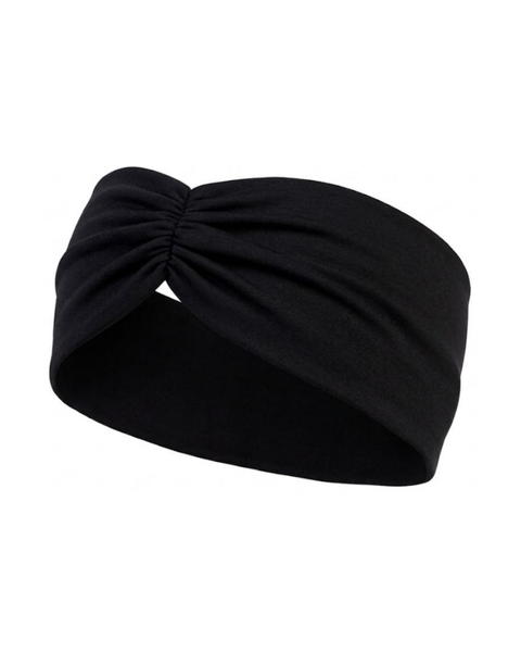 A product shot of a wide black fabric headband featuring a gathered, twisted knot detail at the front, displayed against a plain white background.