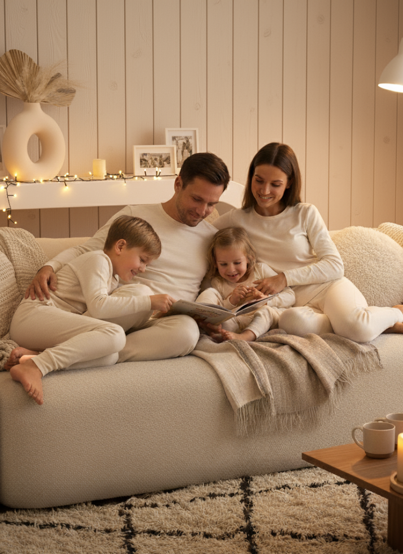 Family of four reading together on a couch in a cozy living room.