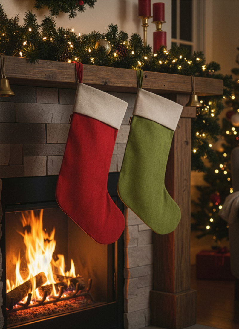Red and green Christmas stockings hanging by a fireplace with a Christmas tree in the background.