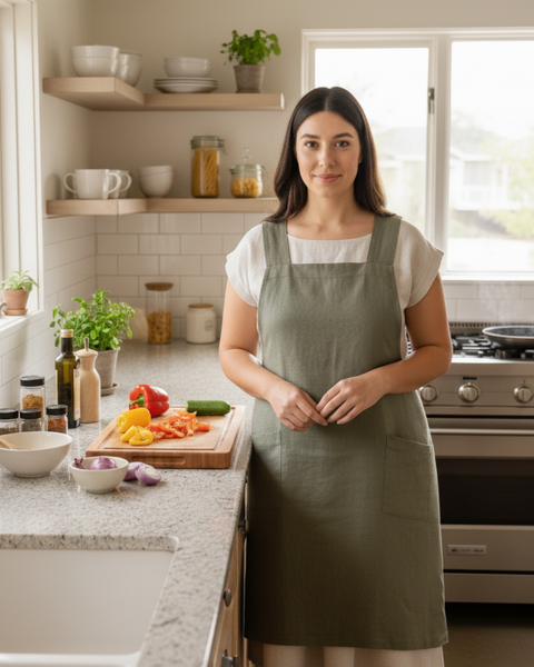 A woman in a green Japanese-style apron standing at a kitchen counter with sliced vegetables in front of her. Open shelves with dishes line the wall behind her, and the room is softly lit by natural light.