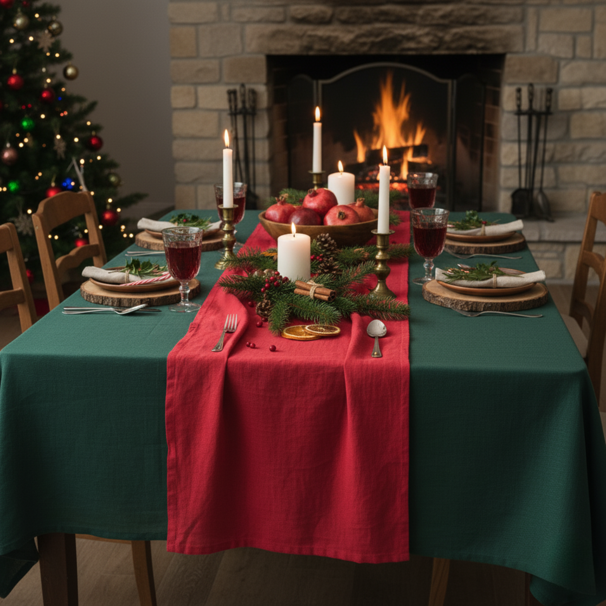 Family gathered around a Christmas table with a green tablecloth and red linen runner, enjoying dinner near a Christmas tree and glowing candles.