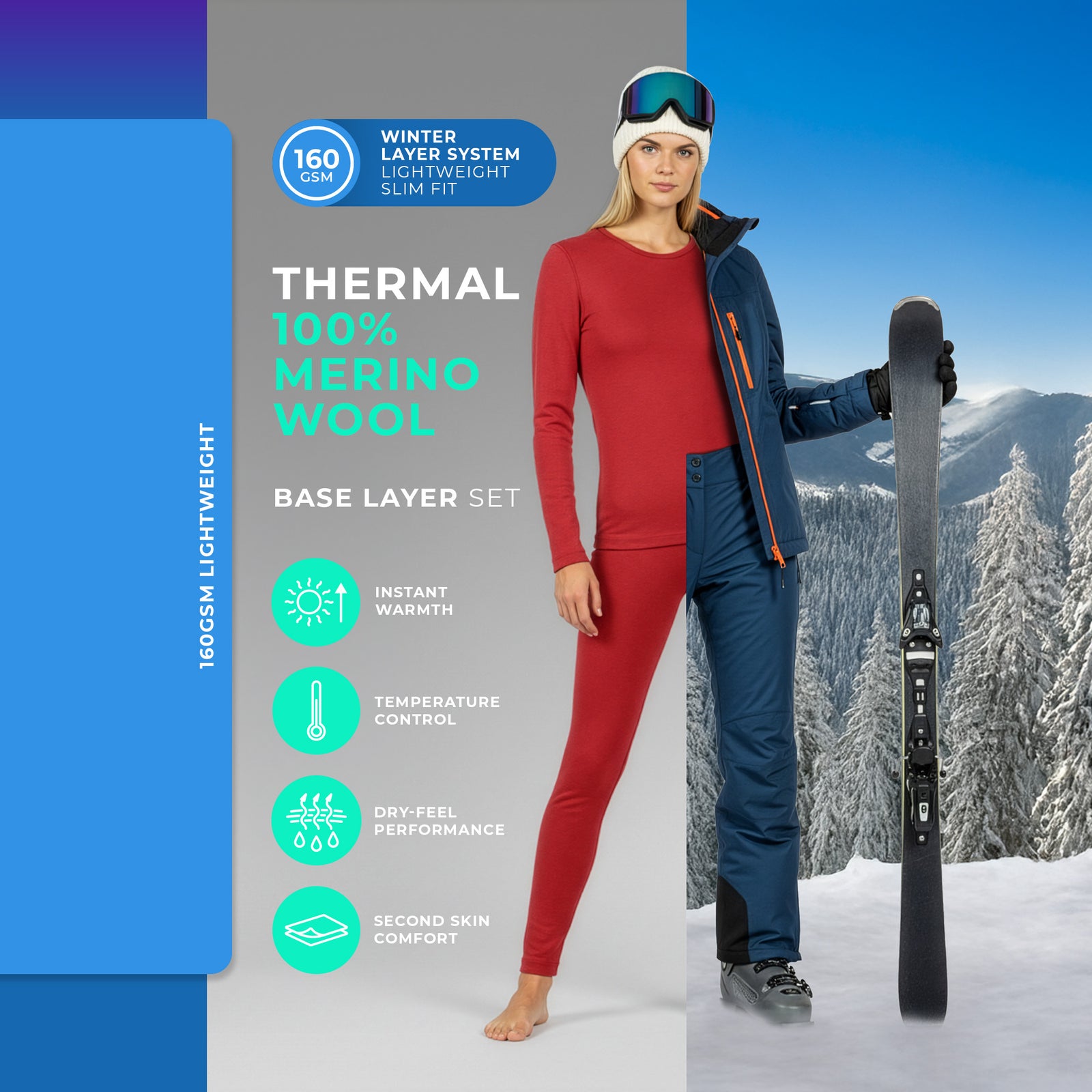 Side view of woman wearing royal cherry Merino wool thermal base layer set.