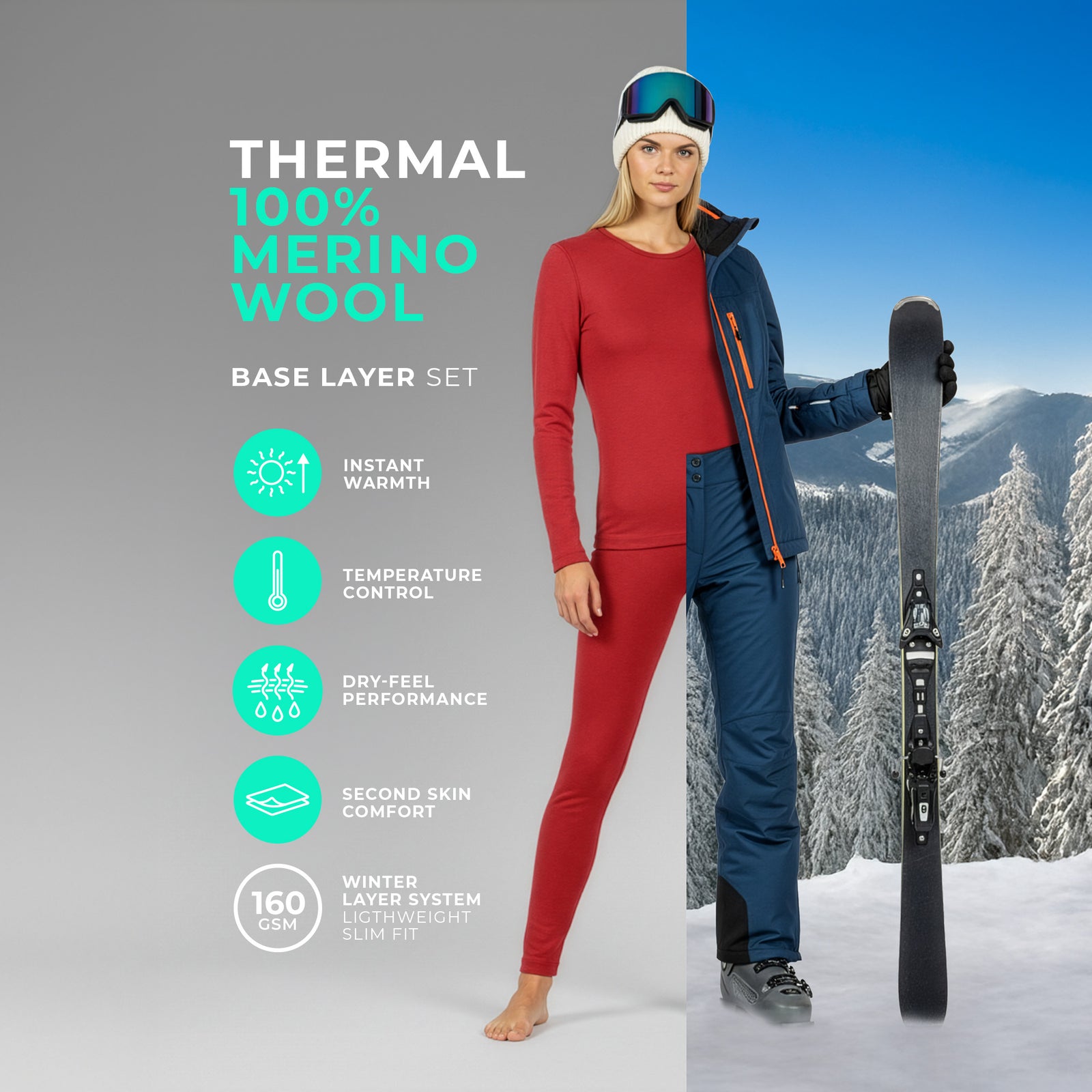 Side view of woman wearing royal cherry Merino wool thermal base layer set.