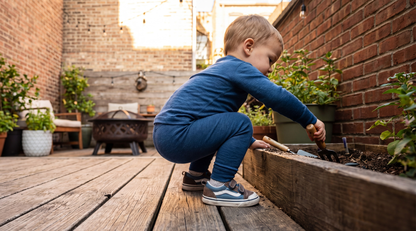 A toddler crouching on a wooden deck, using a small hand trowel to play in the dirt of a wooden planter box. The child is wearing a matching set of a blue long-sleeve top and blue pants, paired with blue and brown sneakers.