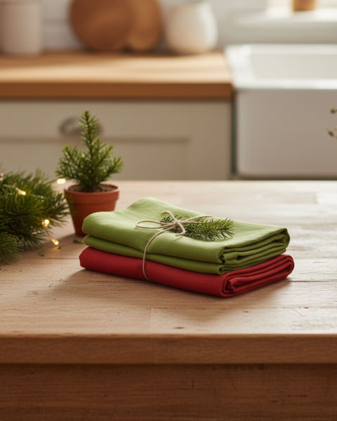 Folded green and red linen towels tied with string and pine sprig, placed on a wooden kitchen counter decorated with Christmas greenery and lights.
