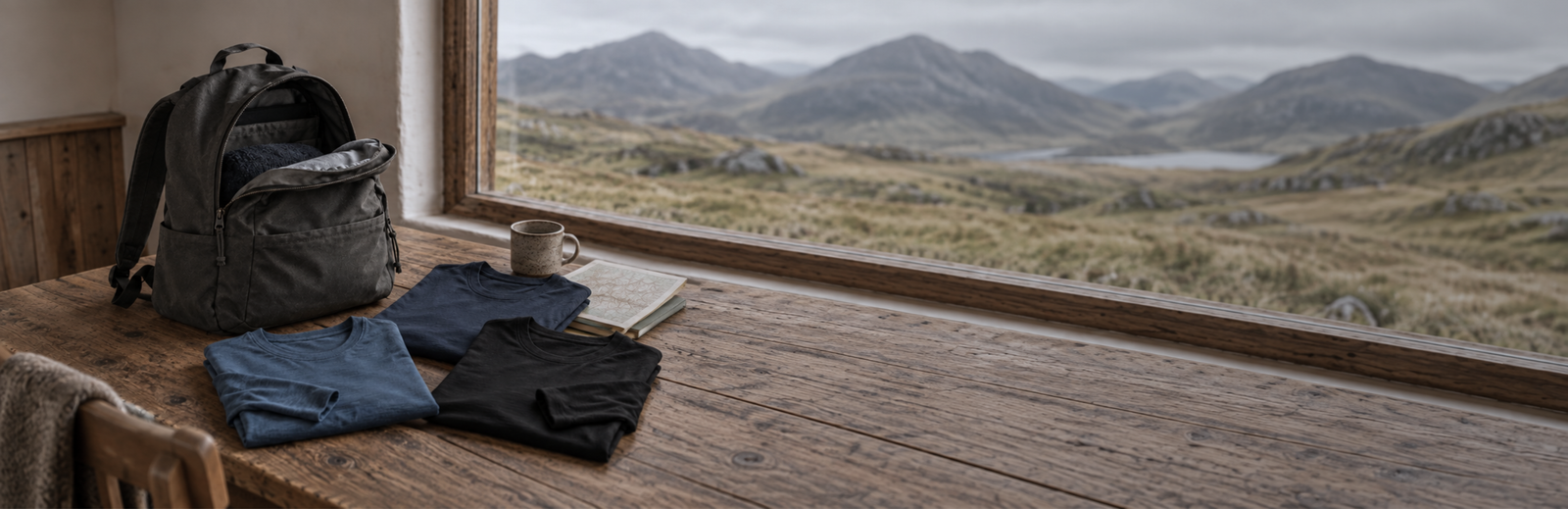An open canvas backpack rests on a rustic wooden table beside folded blue and black shirts, a ceramic mug, and a map. A nearby window offers a view of a cloudy, mountainous landscape.