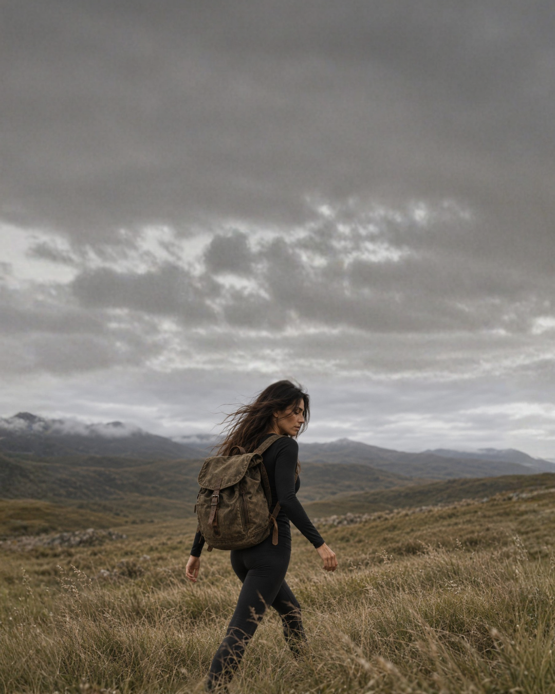 A woman with long dark hair walks through a grassy landscape while glancing back over her shoulder. She is dressed in a black long-sleeved top and leggings, carrying a weathered canvas backpack under an overcast sky.