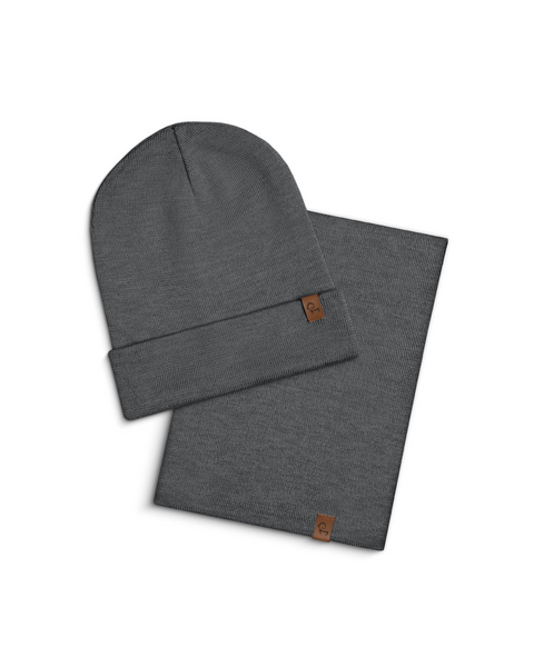 Dark Gray menique beanie and merino wool scarf set on a white background
