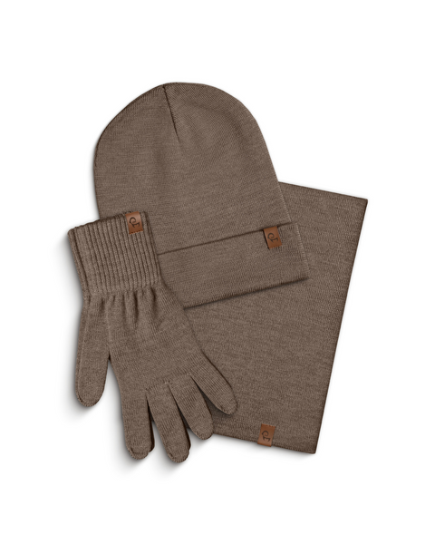 Women&#39;s Knitted Beanie, Gaiter &amp; Gloves 3-Piece Set Brown