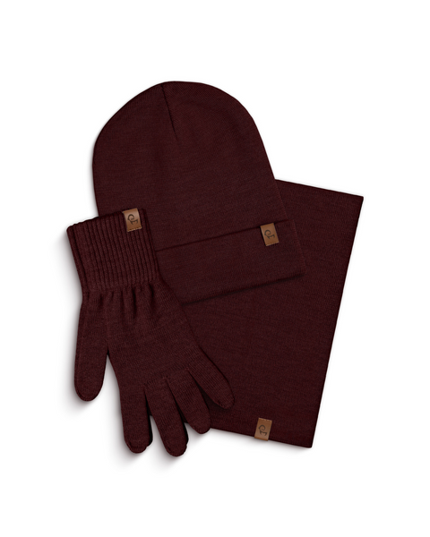 Women&#39;s Knitted Beanie, Gaiter &amp; Gloves 3-Piece Set Royal Cherry