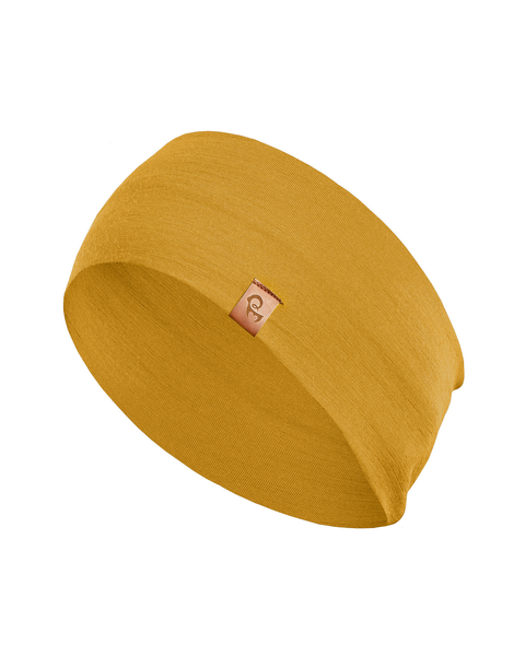 A spicy yellow menique headband is displayed on a white background. The headband has a slightly textured knit and features a small, light brown square tag sewn onto one side. The headband is angled slightly, showing its width and curved shape.