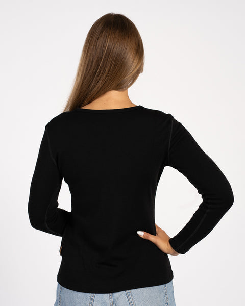 Back view of black Merino wool thermal base layer top – women’s crew neck
