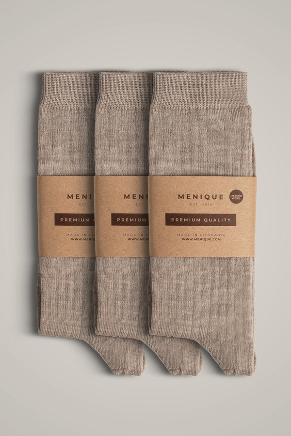 Damers 85% Merinoull Ribbstickade Tunna Strumpor 3-Pack i Beige – lätta, andningsbara, premiumkvalitet vardagsstrumpor.