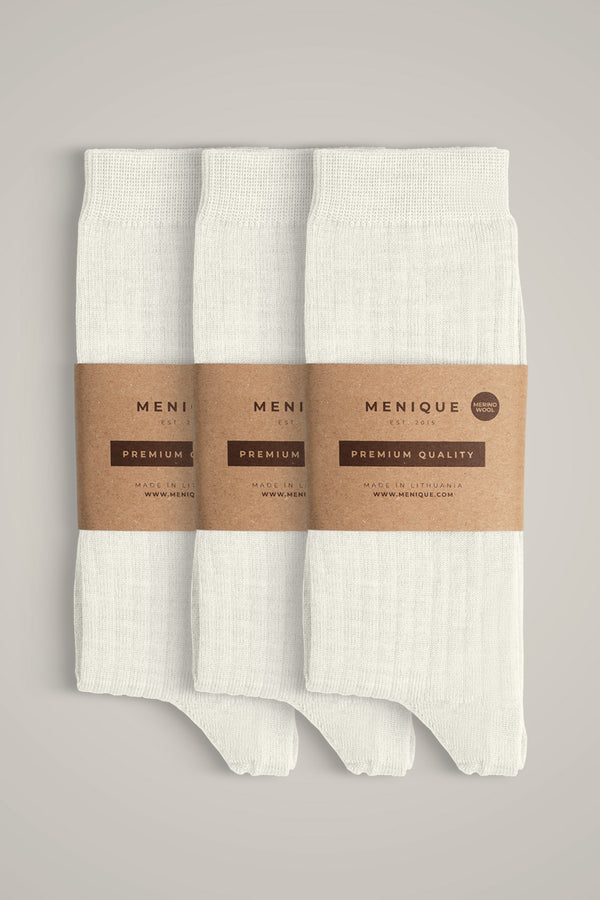 Damers 85% Merinoull Ribbtunna Strumpor 3-Pack i Naturlig Vit – hållbara, tunna och stiliga vardagsstrumpor i ull.