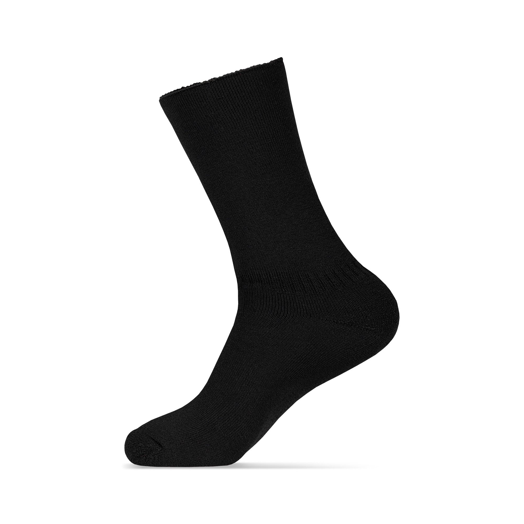 Set of three pairs of men’s black sherpa fleece socks, rolled and wrapped with Menique brown paper packaging labeled ‘Premium Quality – Merino Wool.