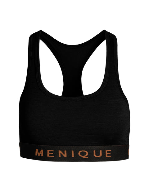 The menique women&#39;s sport bra in black color, front view, in a white background.