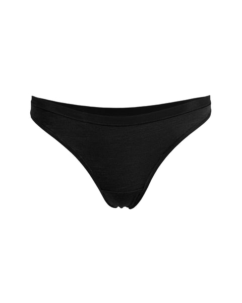 The Menique Women&#39;s Merino Thong Briefs in black color, front view.