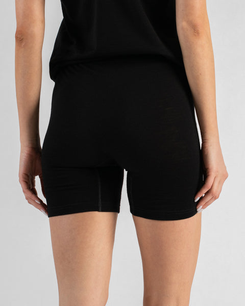 A close-up back view focusing on a woman's lower half, showcasing the snug fit, coverage, and back seam details of tight black slip shorts paired with a black top.