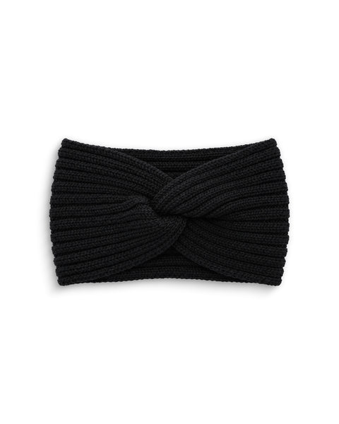 A black ribbed knit headband featuring a twisted knot design in the center, displayed flat against a plain white background.