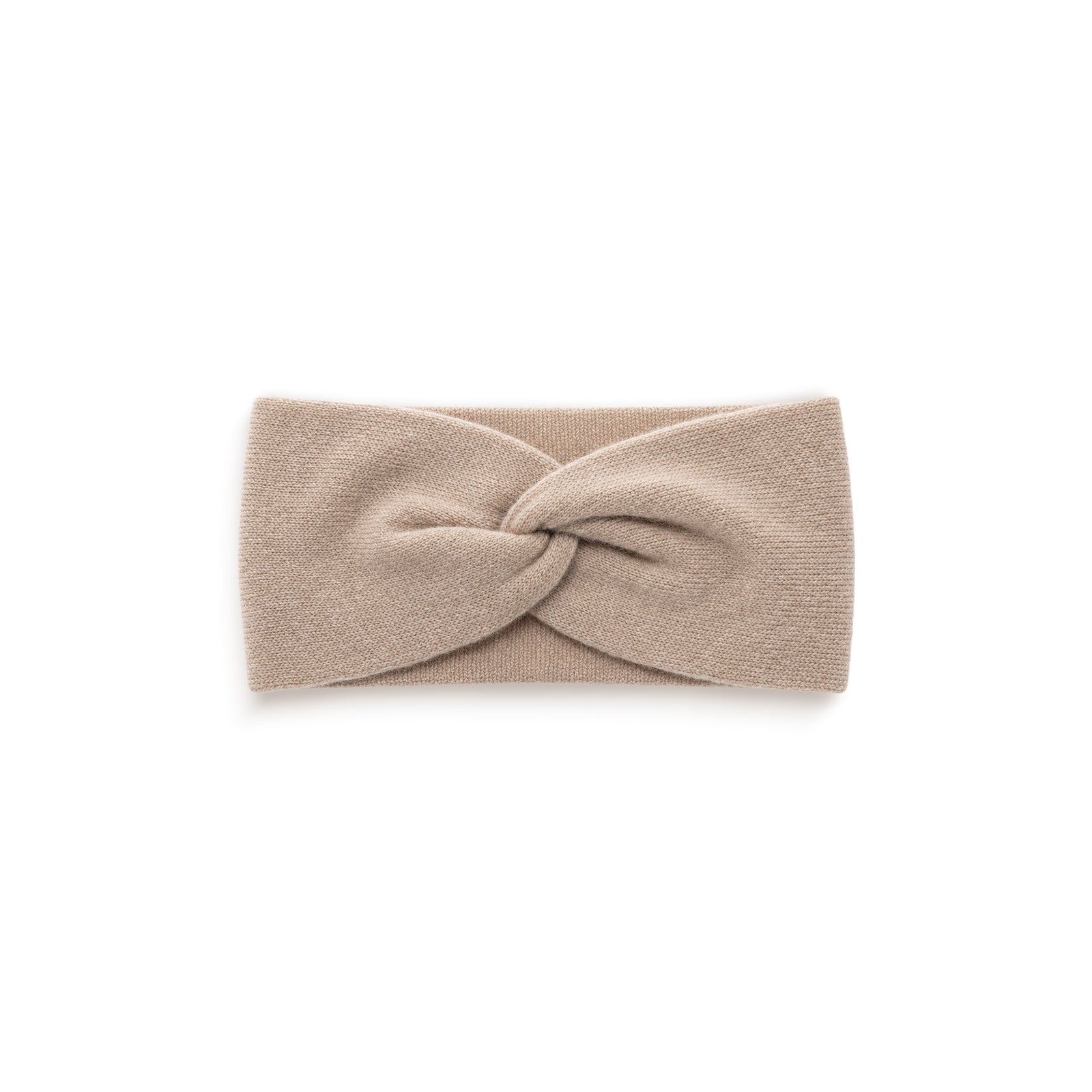 A brown knit headband featuring a twisted knot design in the center, displayed flat against a plain white background.
