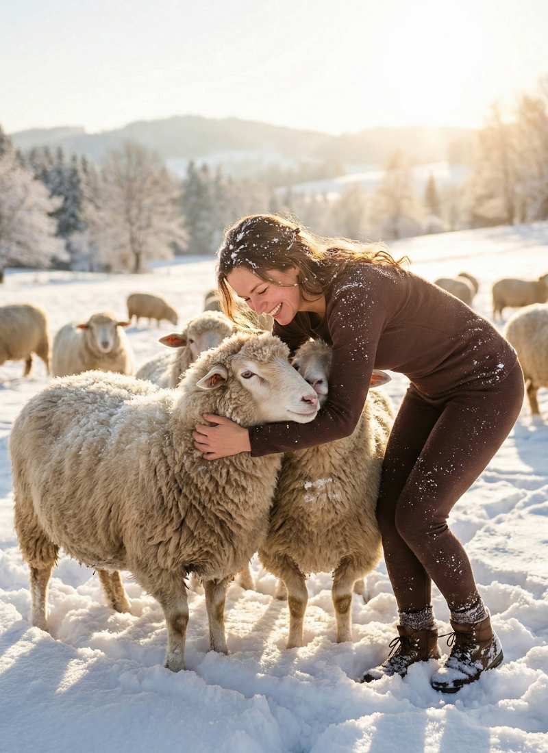 Woman wearing Merino wool clothing hugging a sheep outdoors in a snowy landscape, all-Merino winter collection