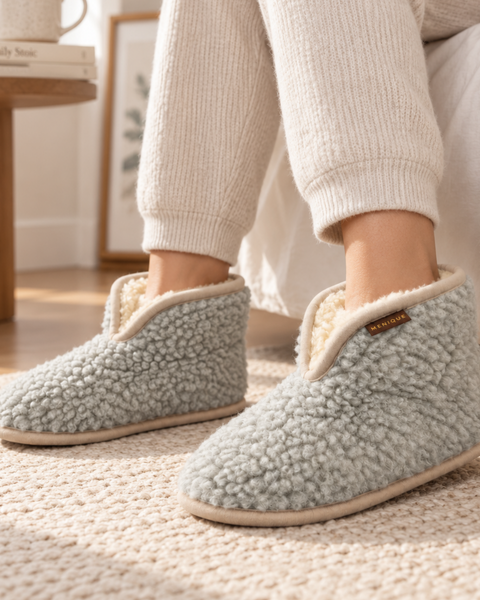 A person sitting on a bed wearing light gray, fuzzy ankle-high slipper booties with beige trim and a small brown "MENIQUE" tag, resting their feet on a textured rug.