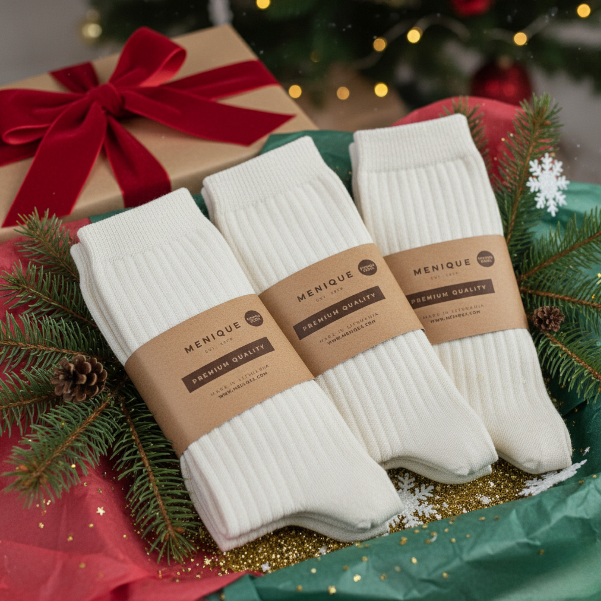 Three pairs of beige ribbed socks in kraft paper packaging laid on a red knitted cloth, surrounded by Christmas ornaments, pine branches, and wrapped gifts.