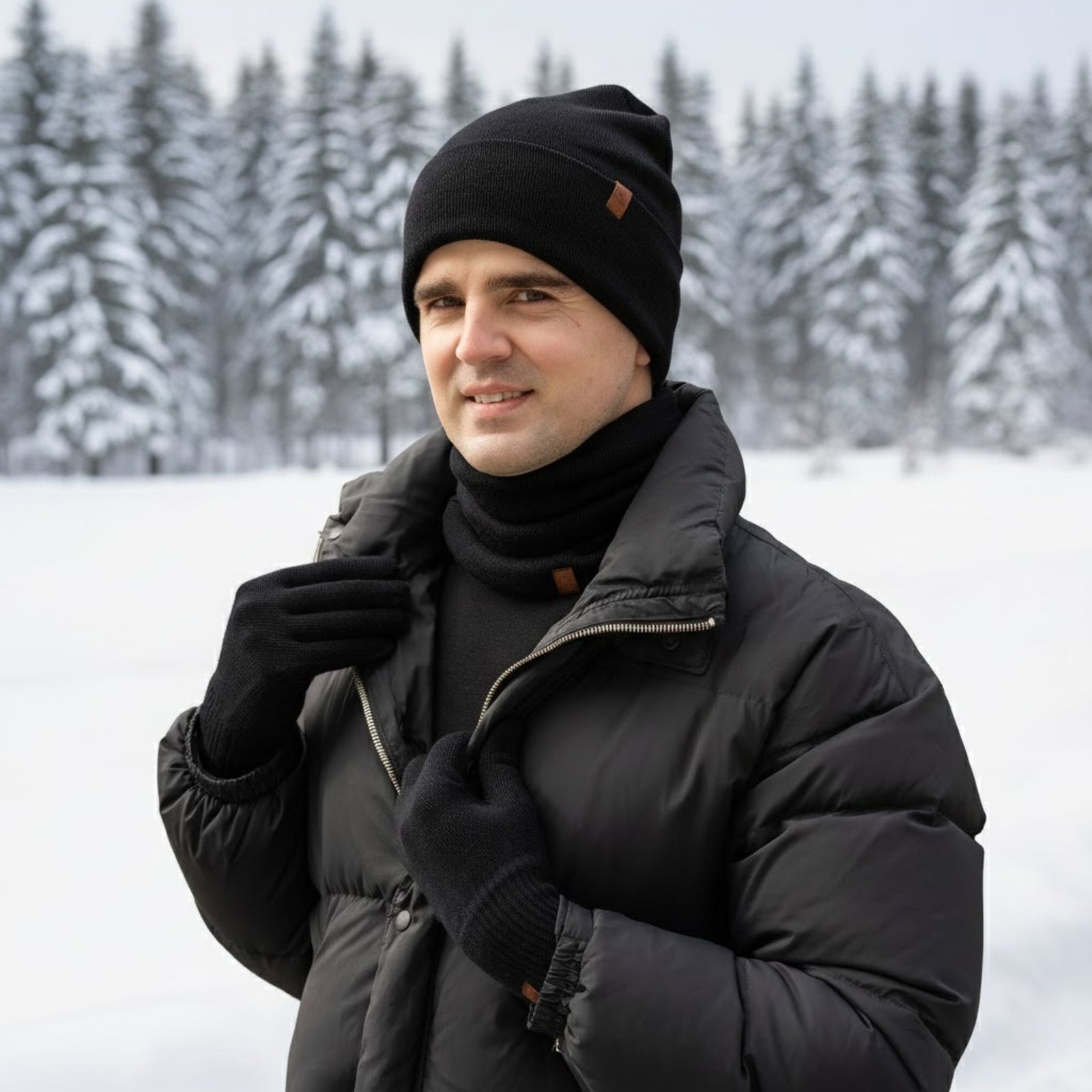 Man wearing a black winter coat, beanie, and gloves standing in a snowy landscape with trees.