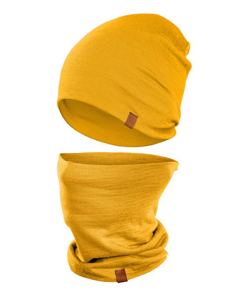 Yellow Merino wool beanie and gaiter set for outdoor comfort