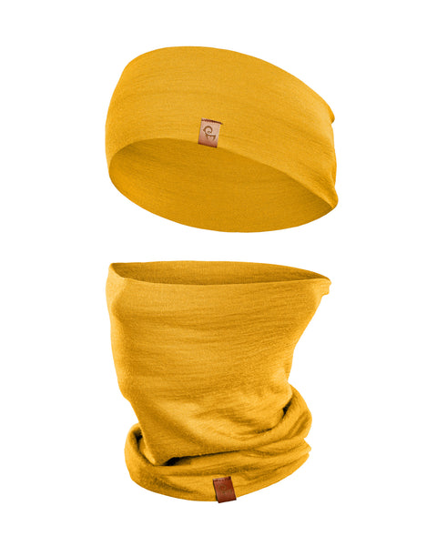 Yellow Merino wool headband and gaiter set for outdoor comfort