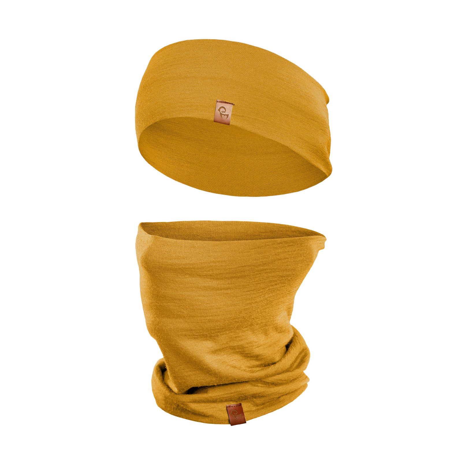 A person with short, dark hair is shown wearing a spicy yellow headband and a matching neck gaiter that is pulled up to cover their mouth and nose, with only their eyes visible. They are wearing a black long-sleeved shirt, and the blurred background suggests an outdoor setting with green foliage.