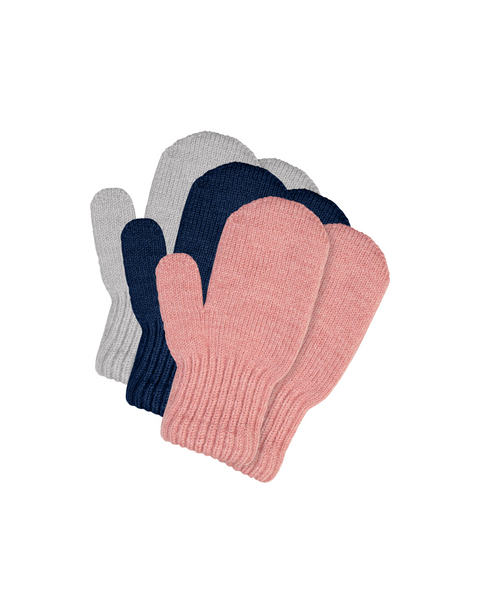 Baby Merino Mittens in grey, navy, and pink colors, knitted wool winter gloves for infants and toddlers by menique
