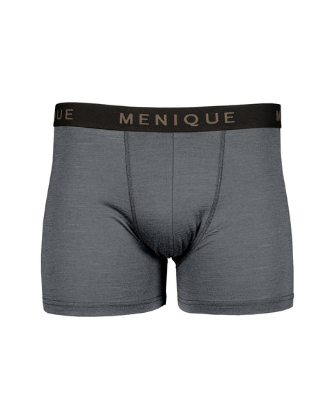 the menique men&#39;s short boxer underwear with logo waistband, color dark grey, white background.