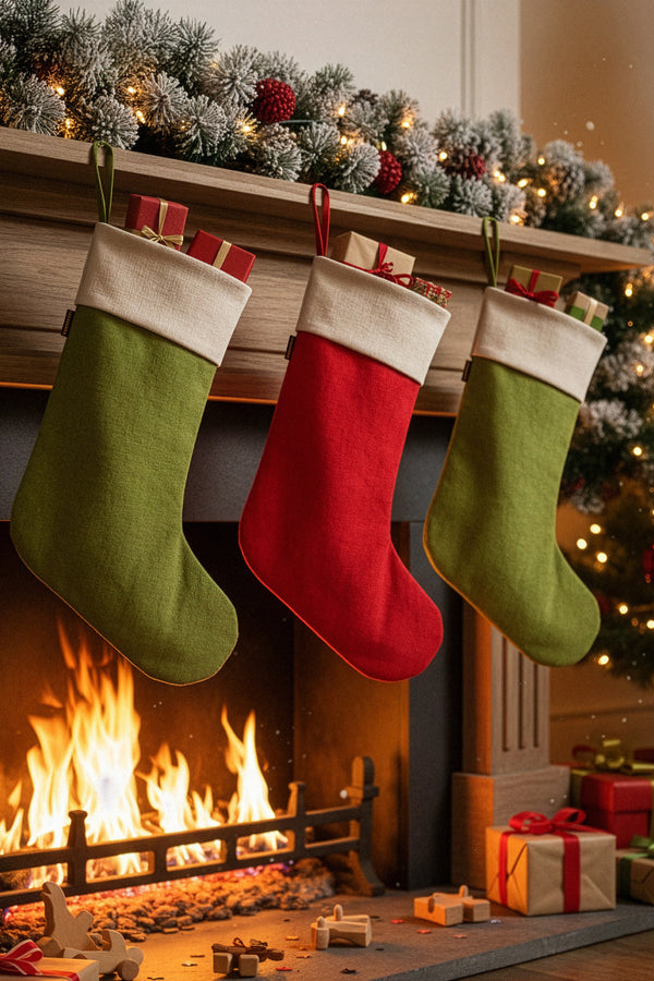 Three Christmas stockings hanging above a fireplace with a decorated tree in the background.