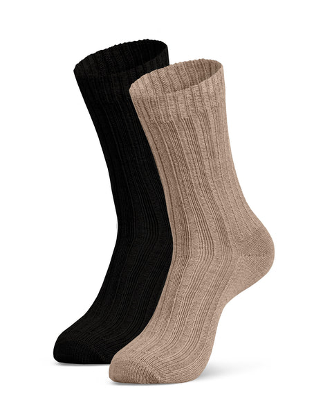 Set of two women&#39;s merino wool socks in beige and black – ribbed texture, soft, and sustainable knitwear.