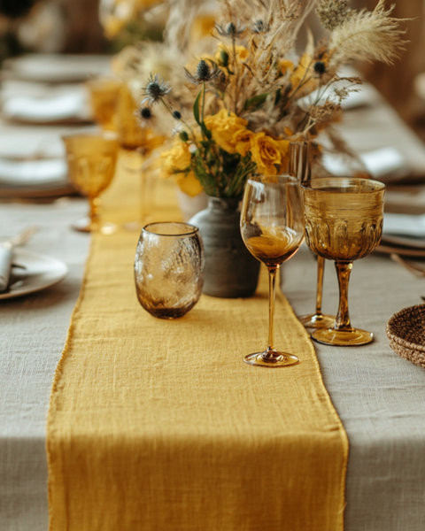 A spicy yellow table runner on a wedding table. There are autumn season centerpieces and a natural color tablecloth underneath.