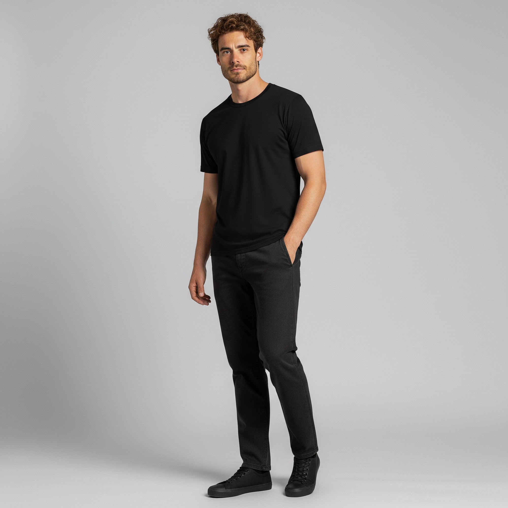 Man wearing regular fit t-shirt from 100% Merino wool in black color