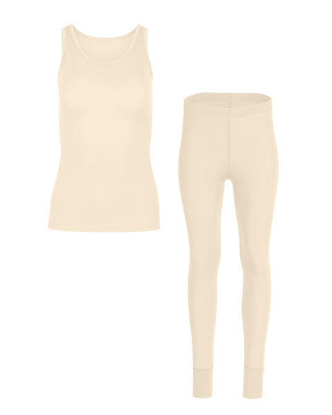 Packshot of women&#39;s 160 merino wool sleeveless top and bottoms set