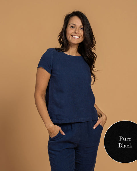 Linne T-shirt Topp &amp; Byxor 2-delar Ren Svart