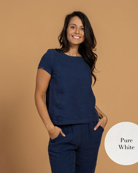 Linne T-shirt Topp &amp; Byxor 2-delar Ren Vit