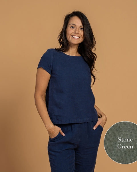 Linne T-shirt Topp &amp; Byxor 2-delar Sten Grön