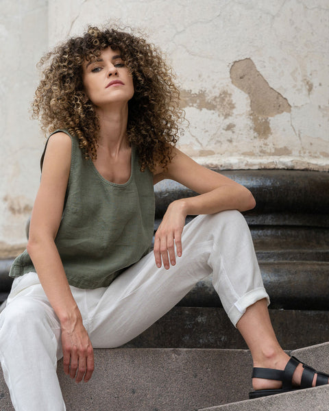 Linen Sleeveless Crop Top Ana Stone Green