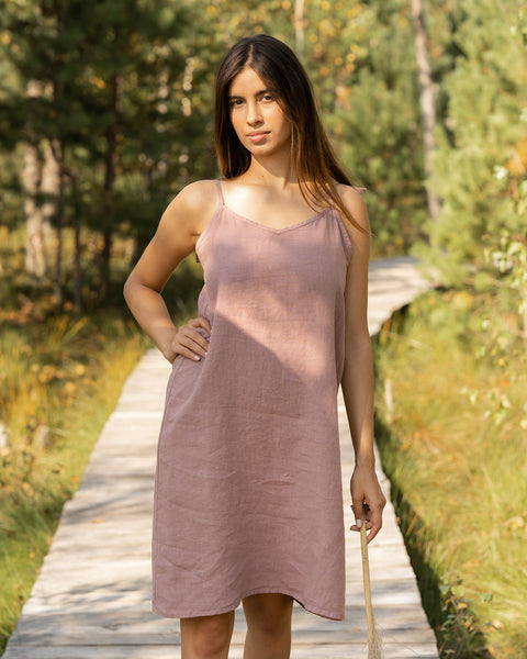 Woman wearing slip dress from 100% Linen