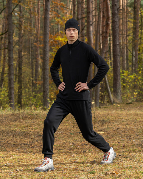 Men&#39;s Merino 250 Set of Zip Neck Top &amp; Jogger Sweatpants Black