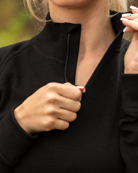 Women&#39;s Merino Wool Sports Jogging Zip neck top 250gsm Black